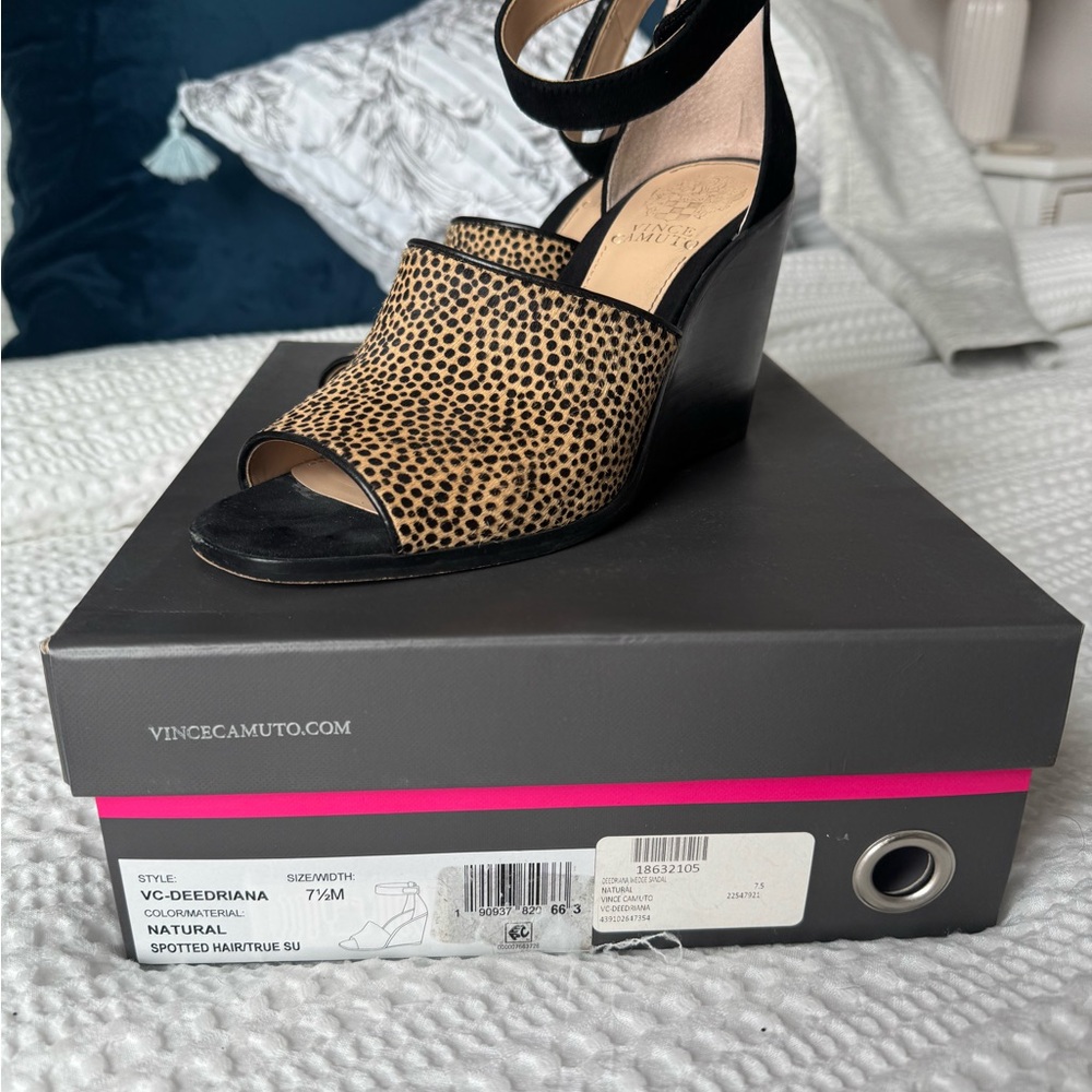 Vince Camuto Deedriana Spotted Haircalf Wedge Sandals - Black and Tan